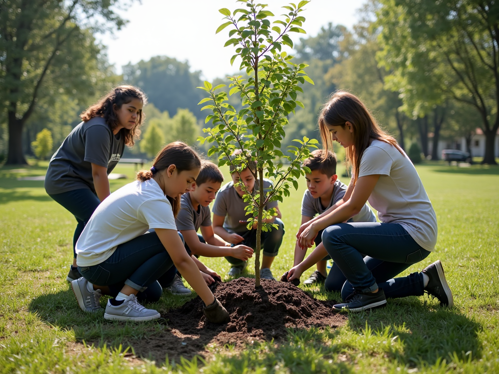 Students participating in a service learning project by planting trees in a community park.