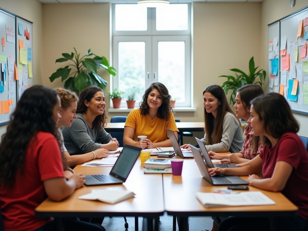 Students attending a seminar on service learning at a university.