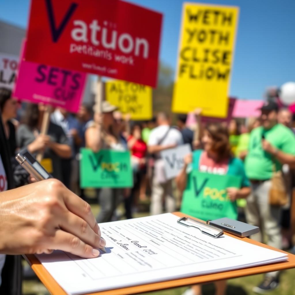 Volunteer signing a petition at an outdoor advocacy event with a crowd in the background.