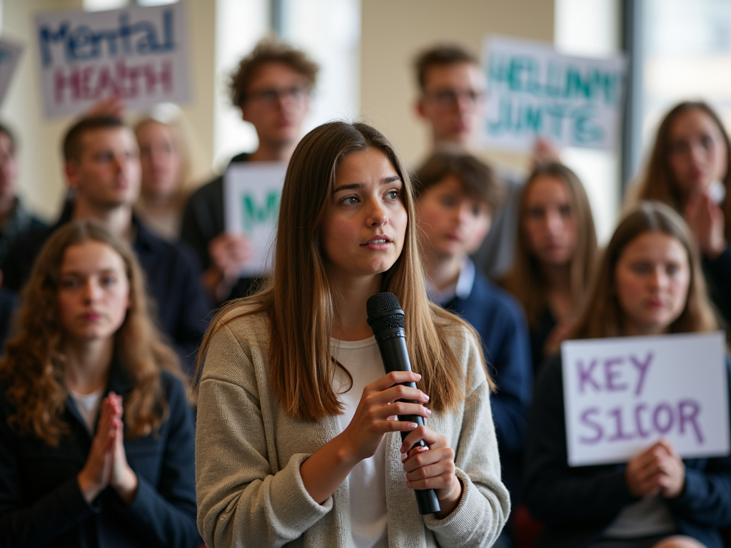 Youth advocate speaking at a mental health rally