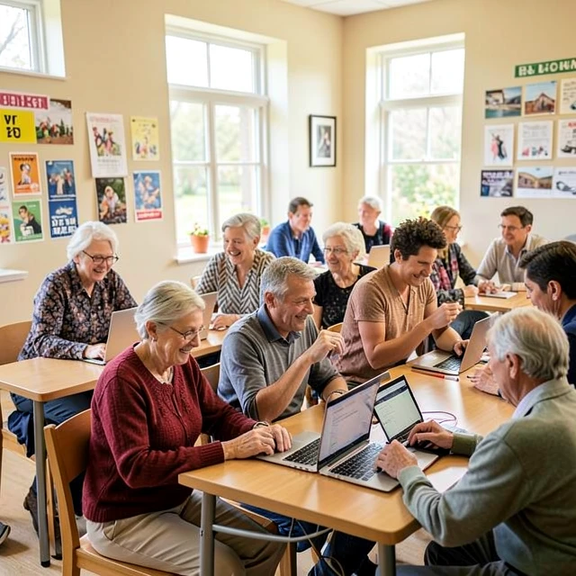 Students helping seniors with technology in a community center
