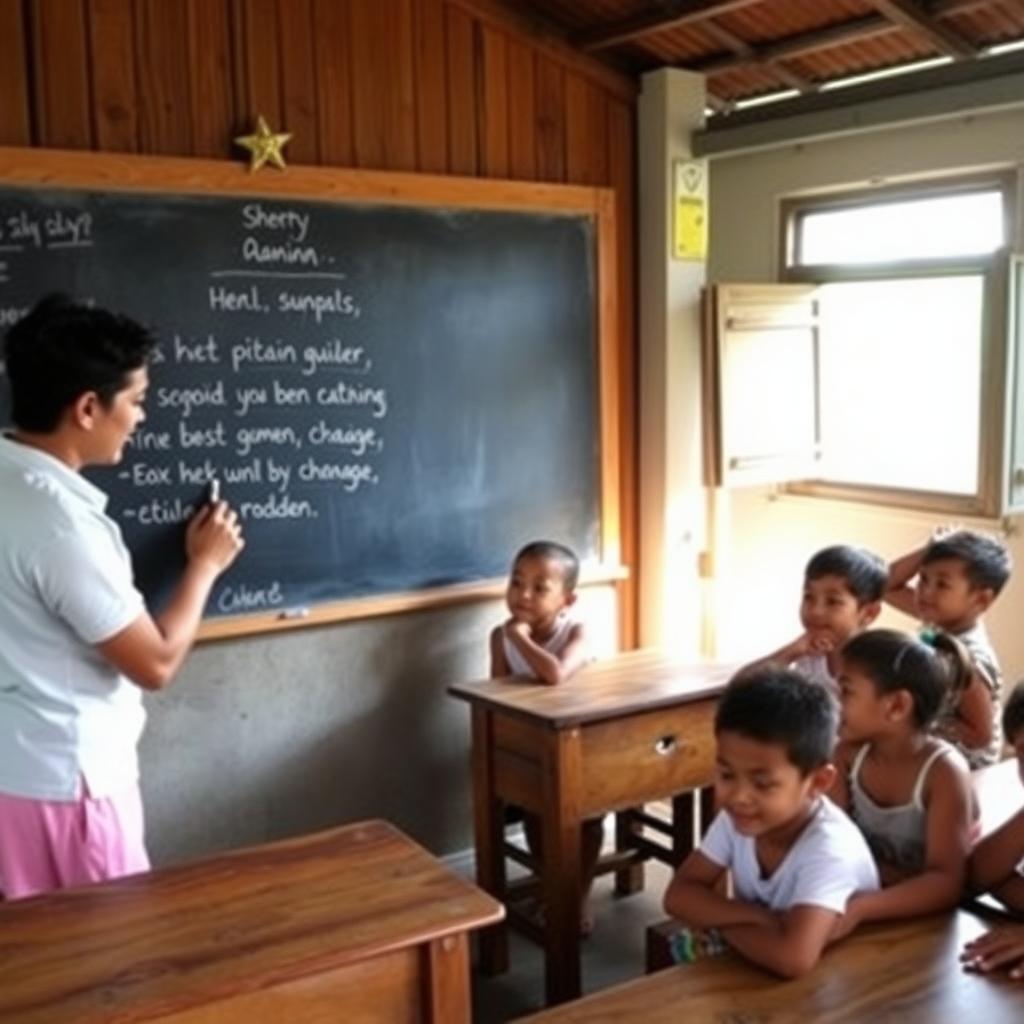 Volunteer teaching children basic phrases in a rural Southeast Asian classroom.