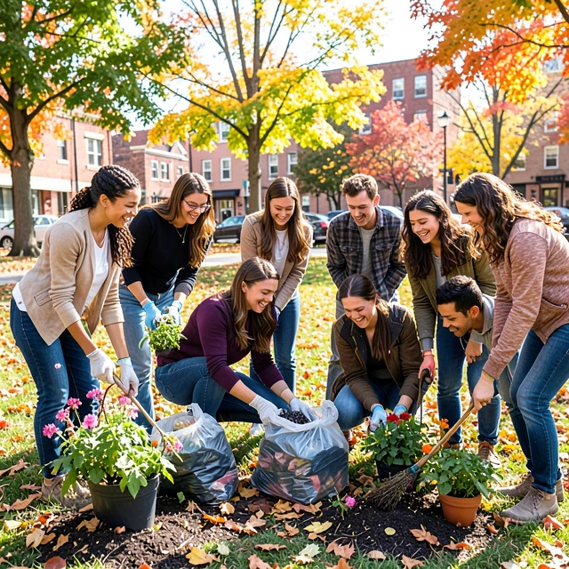 Volunteers cleaning and beautifying a local park together