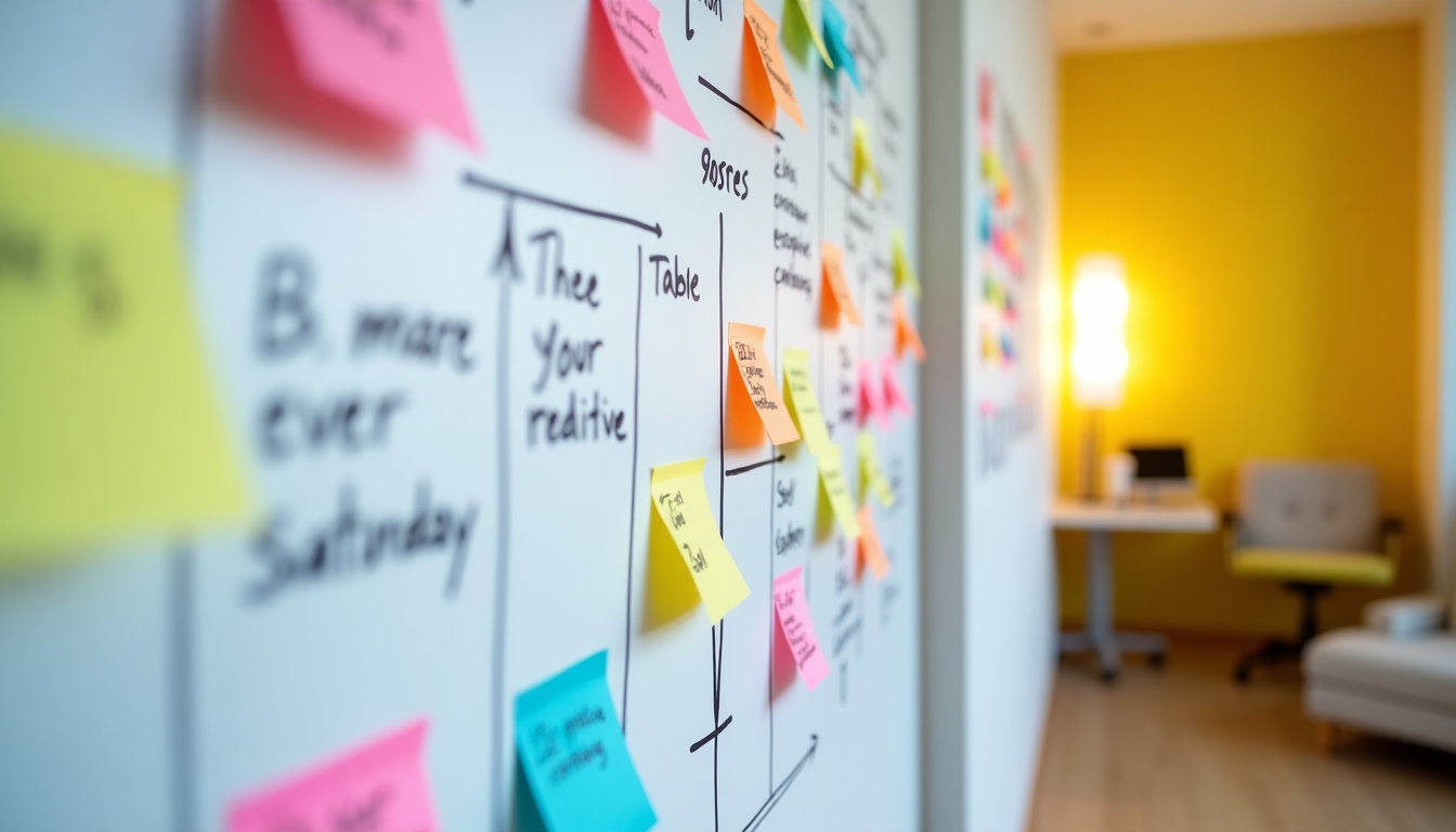A colorful timeline and checklist on a wall with sticky notes and markers indicating tasks and deadlines.