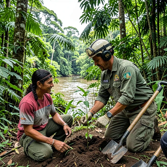 Volunteer planting trees in the Peruvian Amazon