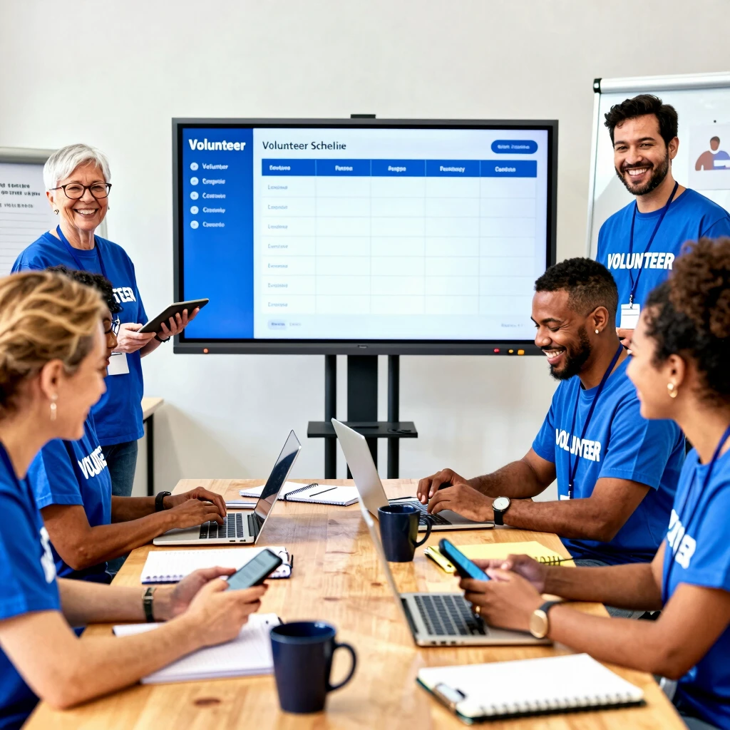 Diverse volunteers collaborating with technology in a community center
