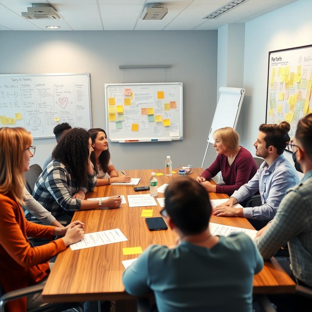Group brainstorming grant proposal ideas around a conference table with drafts and a whiteboard