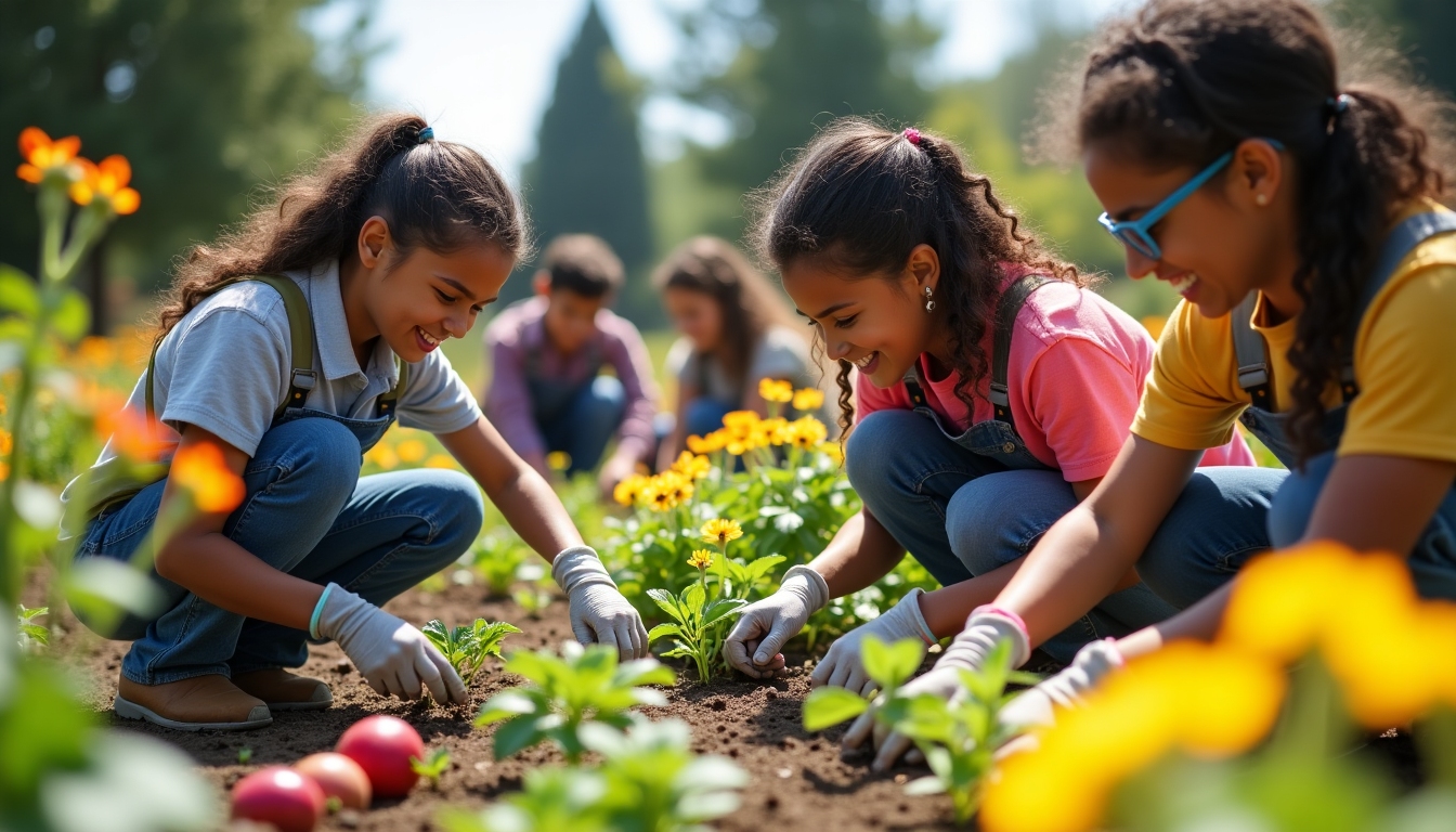 Students from different backgrounds working together in a community garden, sharing smiles and tools.