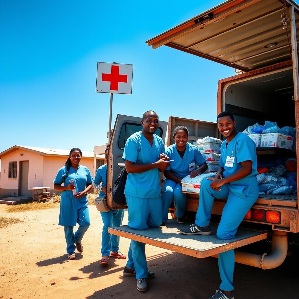 Healthcare volunteers unload medical supplies from a truck near a rural health post.