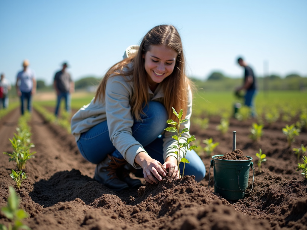 Volunteer planting a tree during a reforestation project in an open field.
