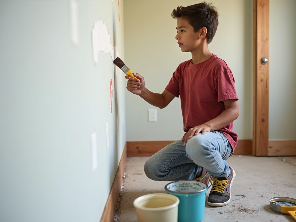 Volunteer painting a wall at a home-building site.