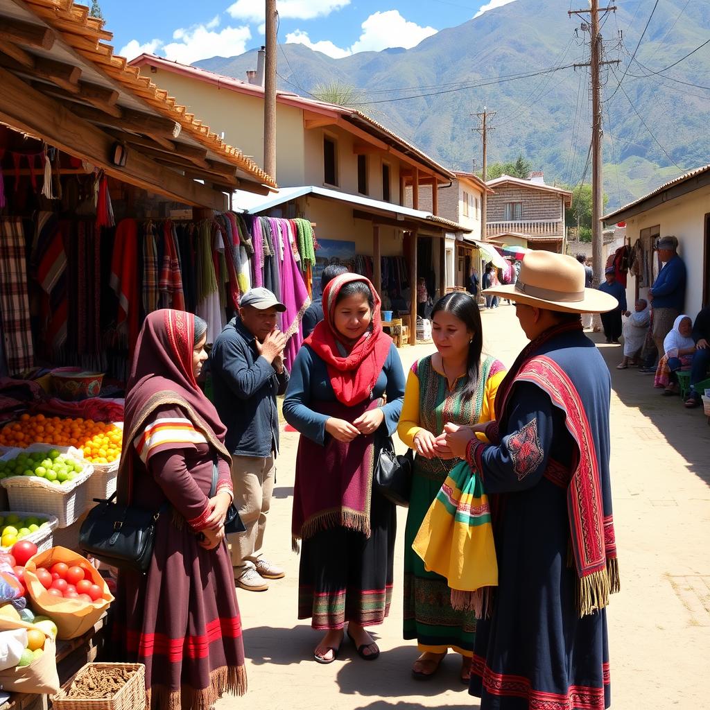A volunteer interacts with a vendor at a colorful street market in a Peruvian village, surrounded by handmade textiles and fresh produce.