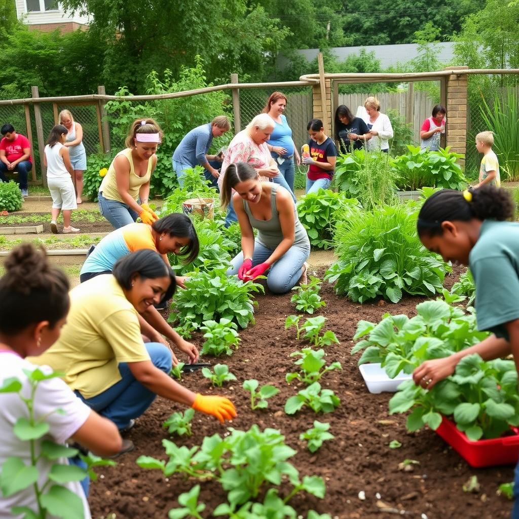 Community members gardening together in a vibrant urban garden.