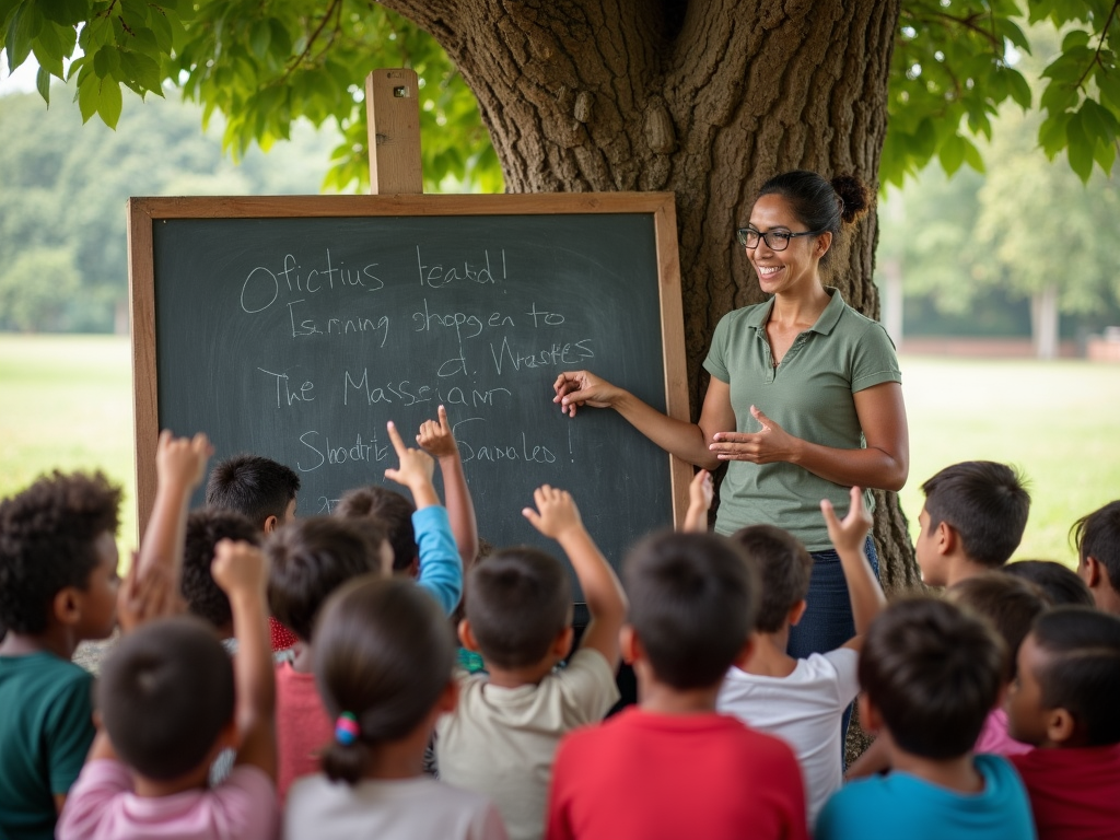 Volunteer teaching kids under a tree