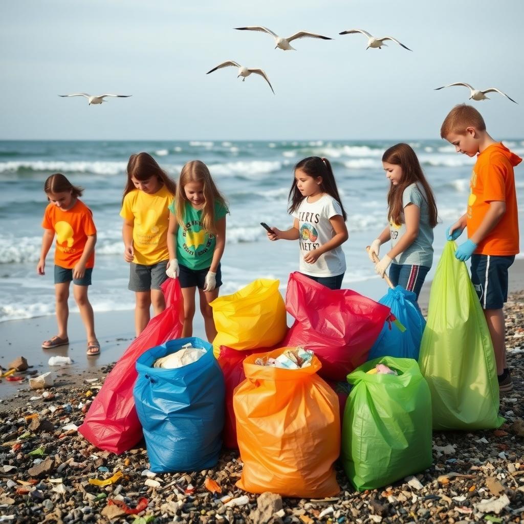Young volunteers cleaning a beach, collecting litter in colorful bags to promote environmental advocacy.