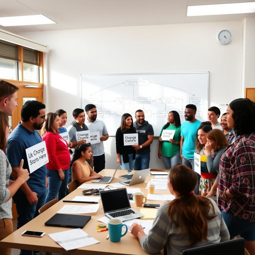 Diverse volunteers brainstorming advocacy strategies in a bright community center