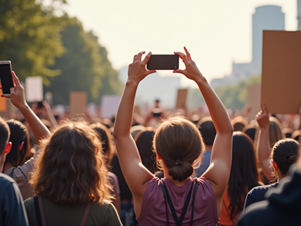 Advocates using smartphones at a protest