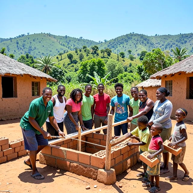 International volunteers constructing a school in a rural village