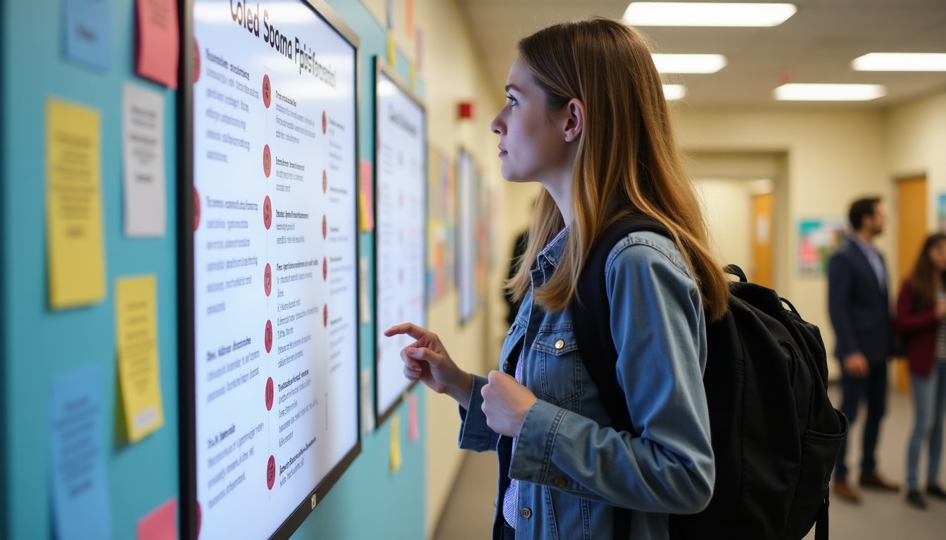 A college student looking at a community billboard full of volunteer opportunities and events.