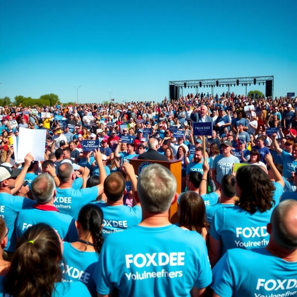 A crowd cheers at a political rally as volunteers in campaign t-shirts stand near the candidate on stage.