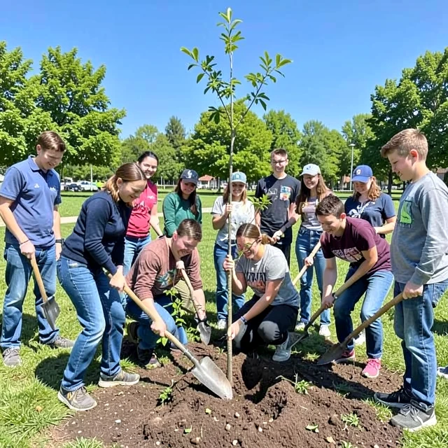 Students and locals planting trees as part of a service learning initiative