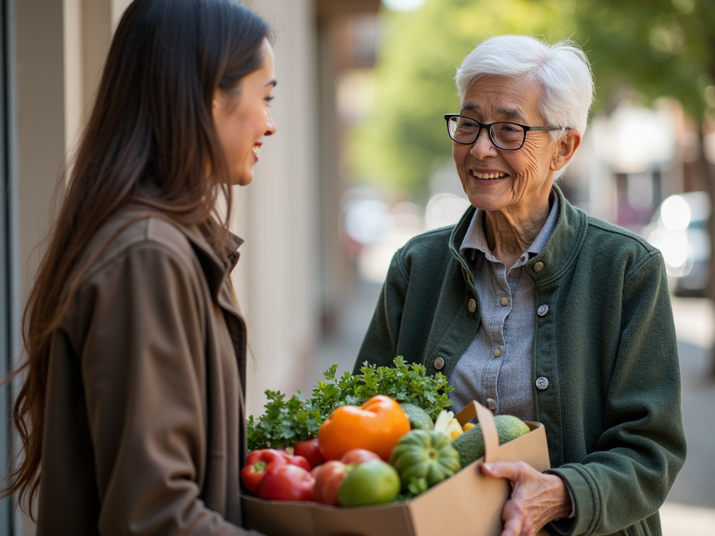Volunteer assisting an elderly person with groceries.