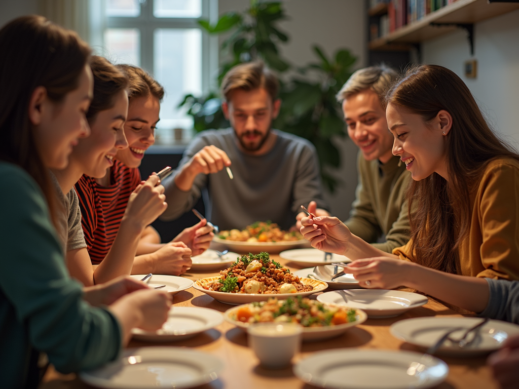 Volunteers from around the world sharing a meal and cultural experiences.