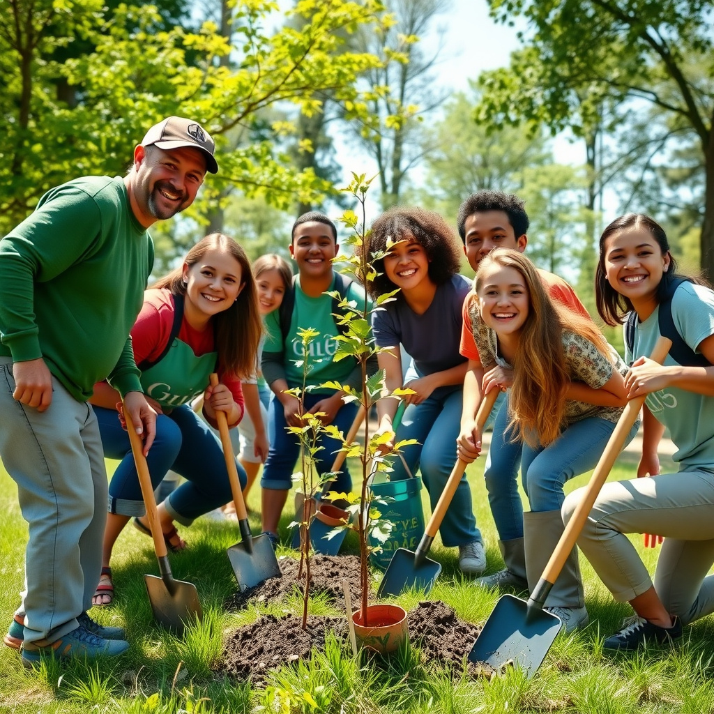 Diverse volunteers planting trees in a community park