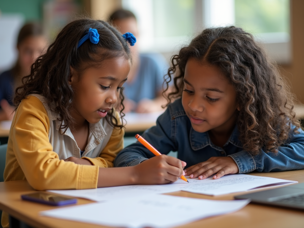 A student tutoring a young child in a classroom as part of a service learning project.