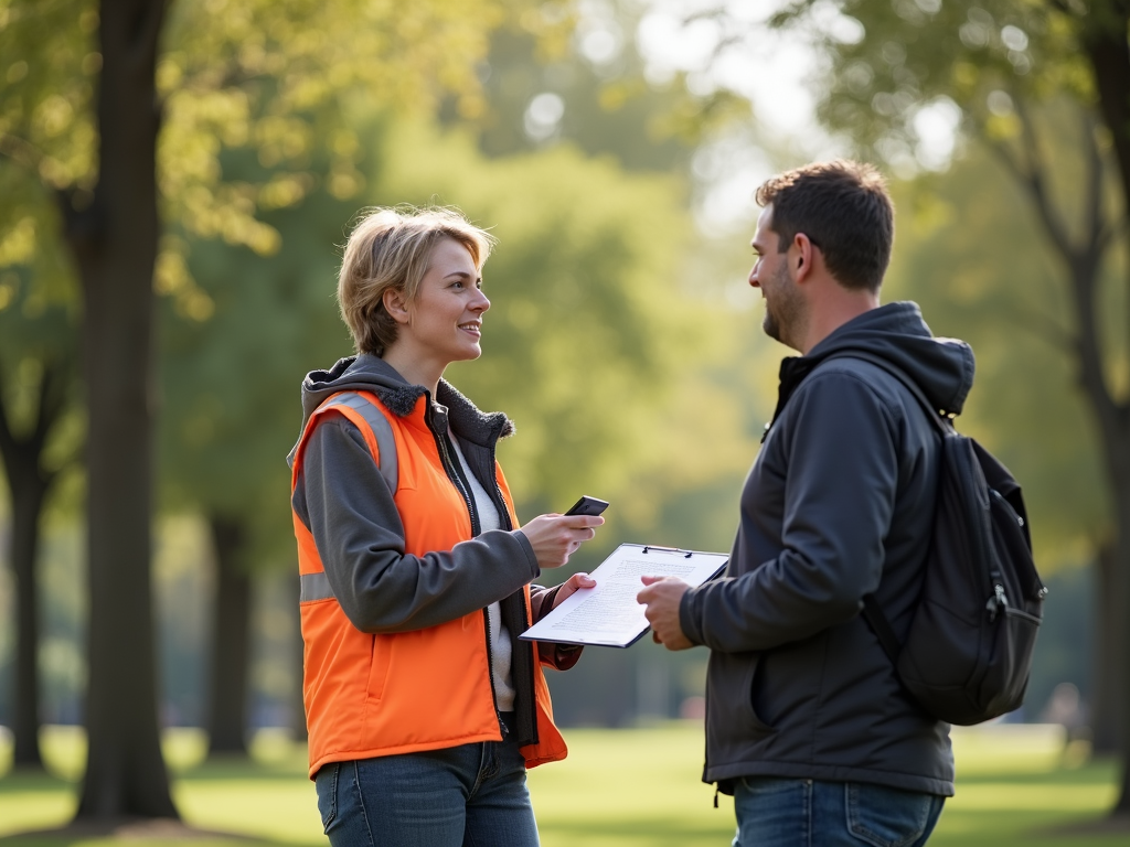 Volunteer collecting petition signatures in a park.