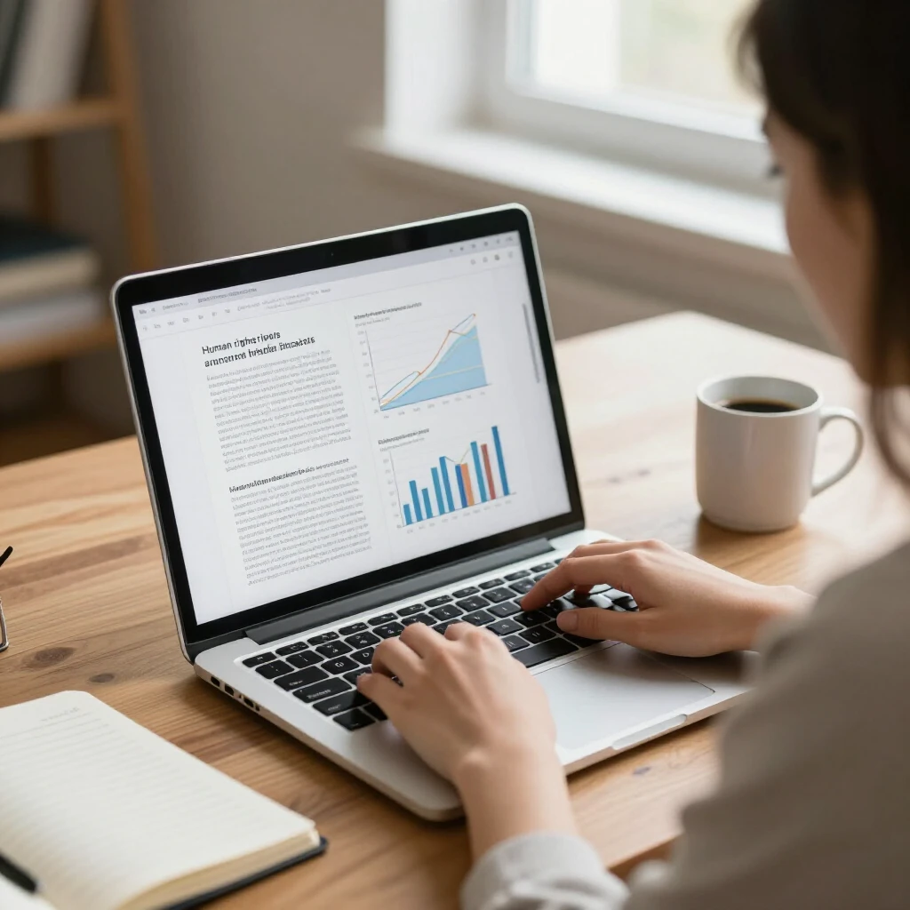 Volunteer researching advocacy topics on laptop at home