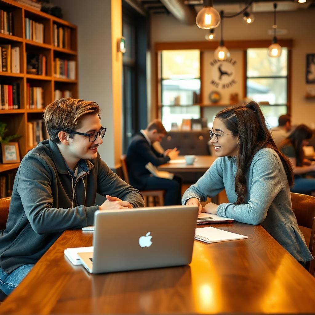 A young professional mentoring a high school student in a cozy coffee shop.