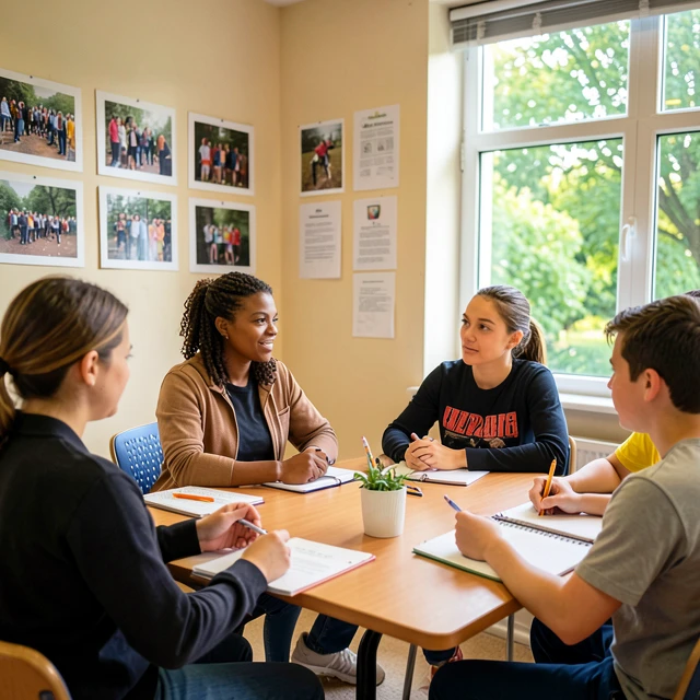 Students and teacher reflecting on service learning experiences in classroom