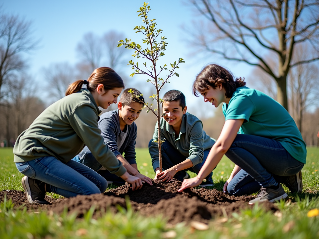 Students planting trees in a park during a service learning project