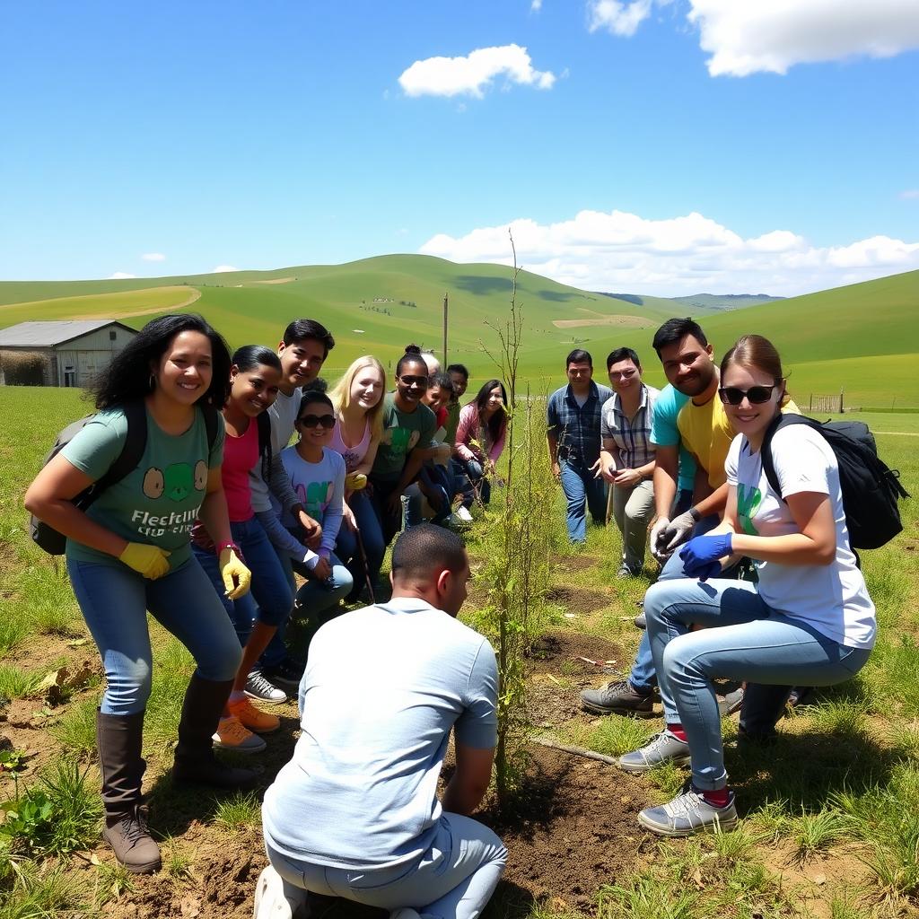 A group of volunteers planting trees in a sunny field with green hills in the background.