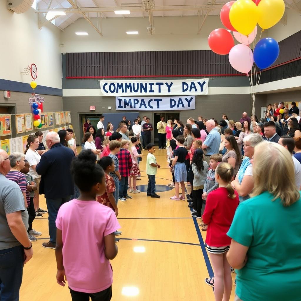 Students presenting service learning projects at a community event in a school gymnasium.