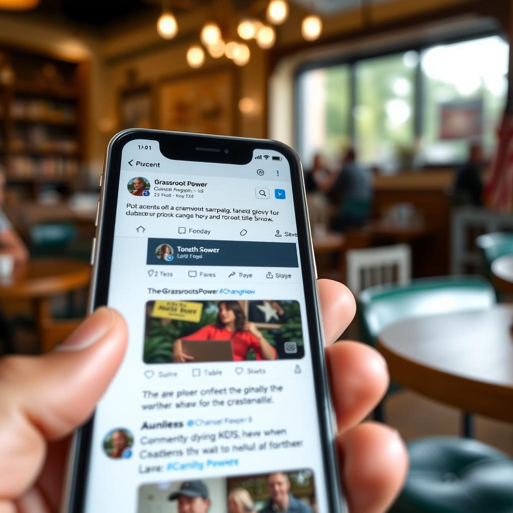 Smartphone displaying a live social media post for a grassroots campaign, held in a cozy coffee shop.