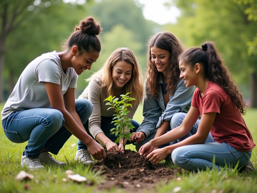 College students working on an environmental project planting trees.
