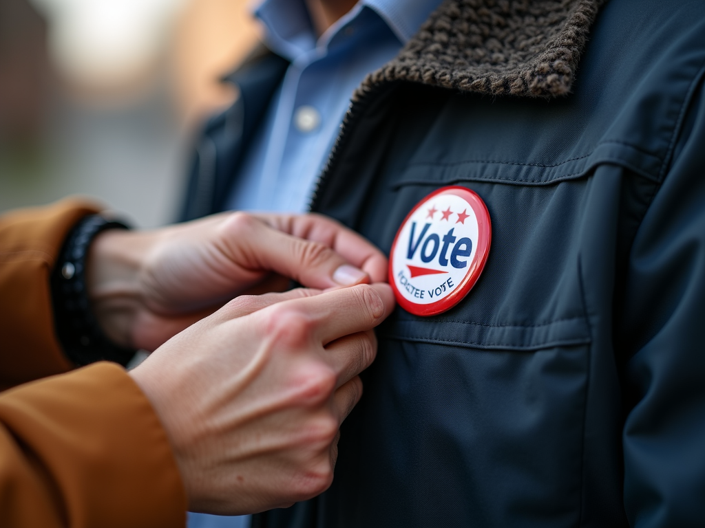 Volunteer pinning a campaign button