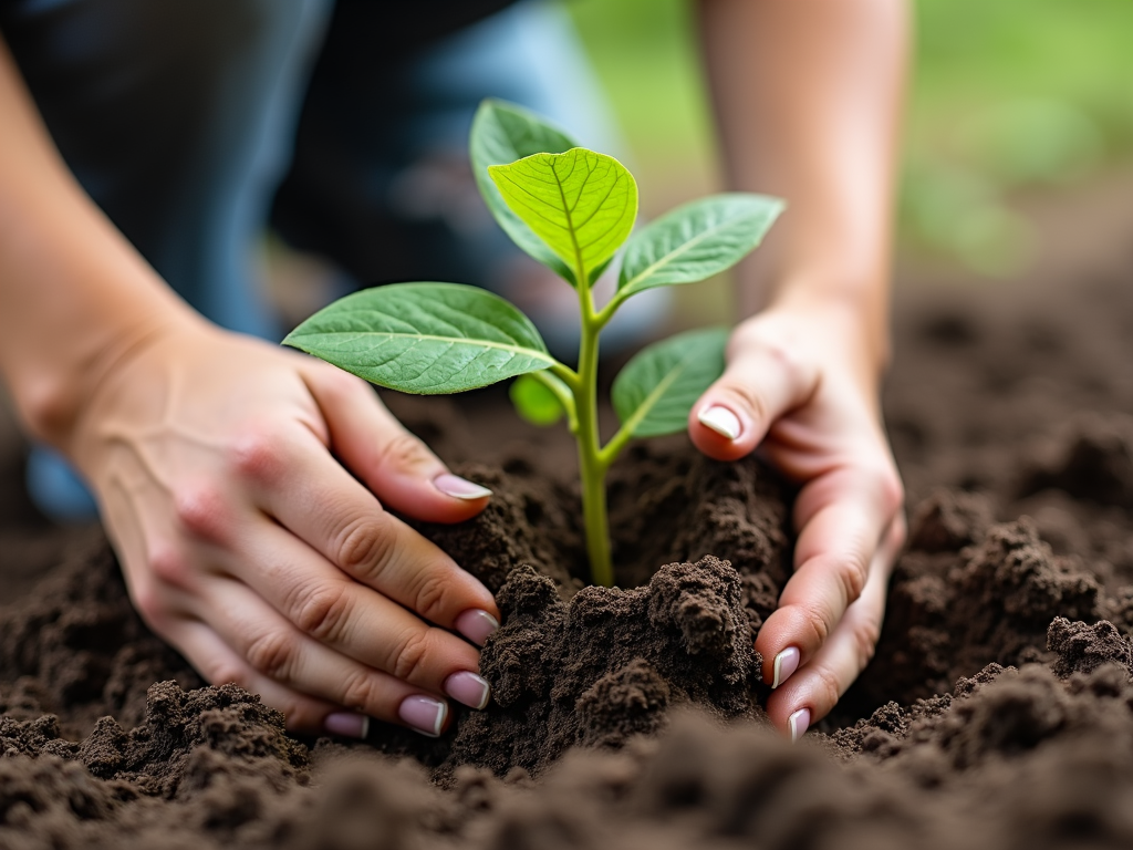Student planting a tree during a service learning activity.