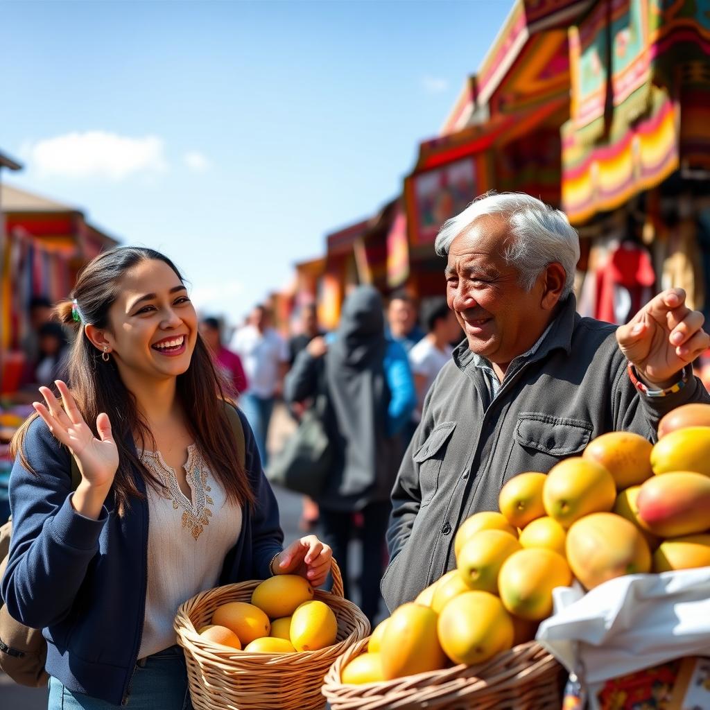 A volunteer practices Spanish with a vendor in a lively Peruvian market.