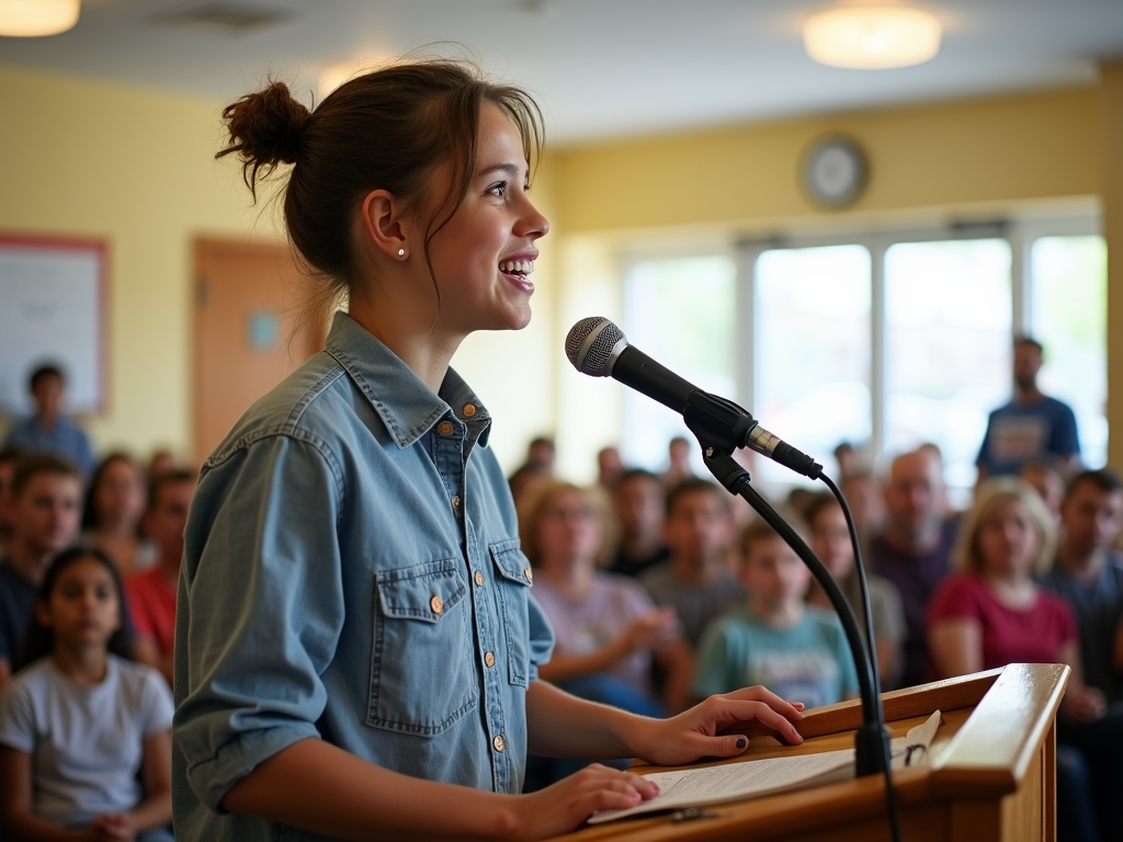 Volunteer speaking at a community event.