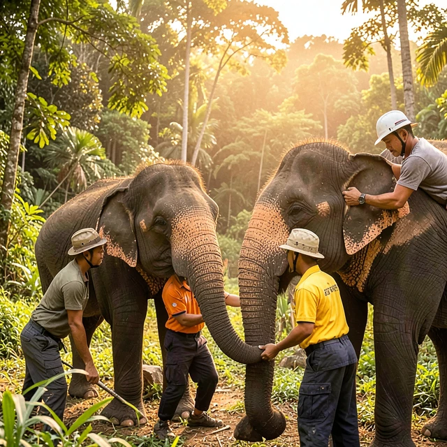 Volunteers caring for elephants at a sanctuary in Thailand
