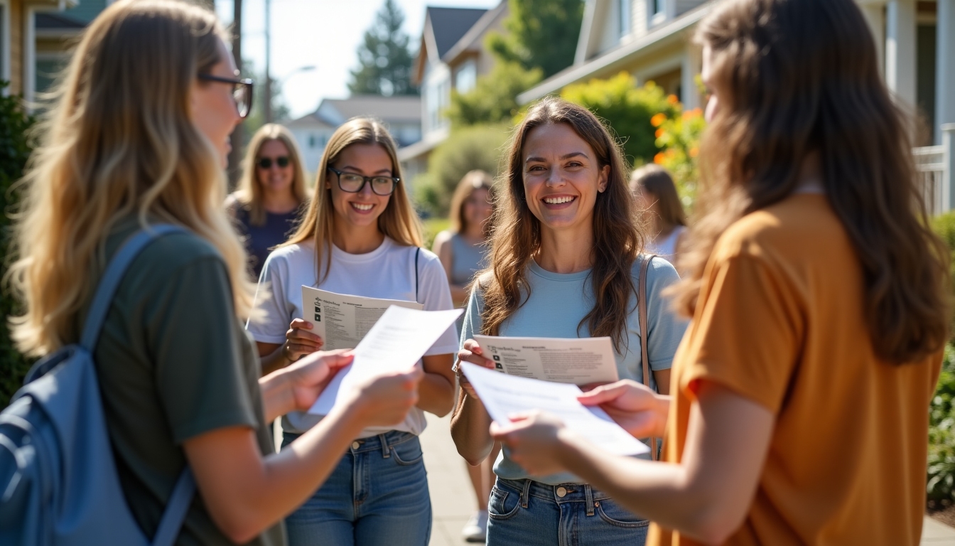 A group of people handing out flyers in a neighborhood as they promote a community event.