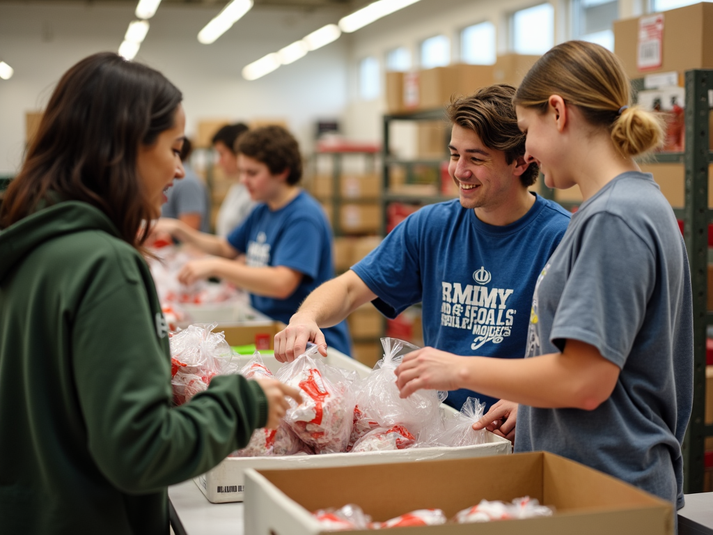 Youth volunteers assisting at a food bank.