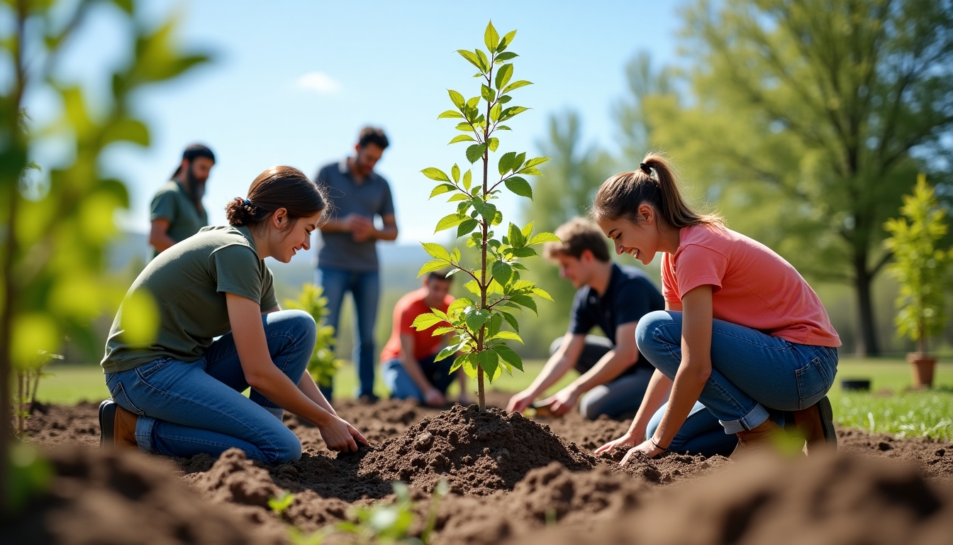 Volunteers happily participating in a tree-planting event, emphasizing community and environmental focus.
