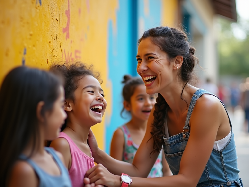 Volunteer painting with children