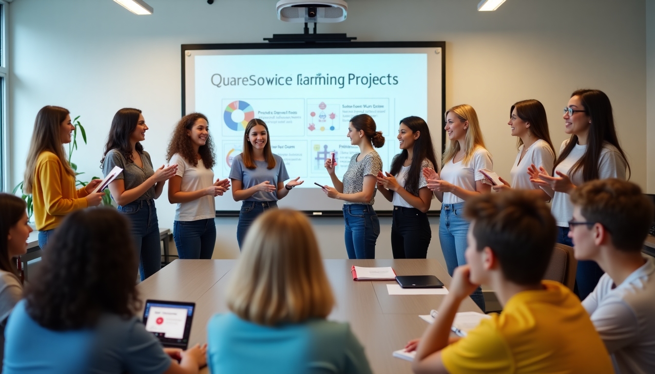 Students presenting their service project outcomes in a classroom setting.