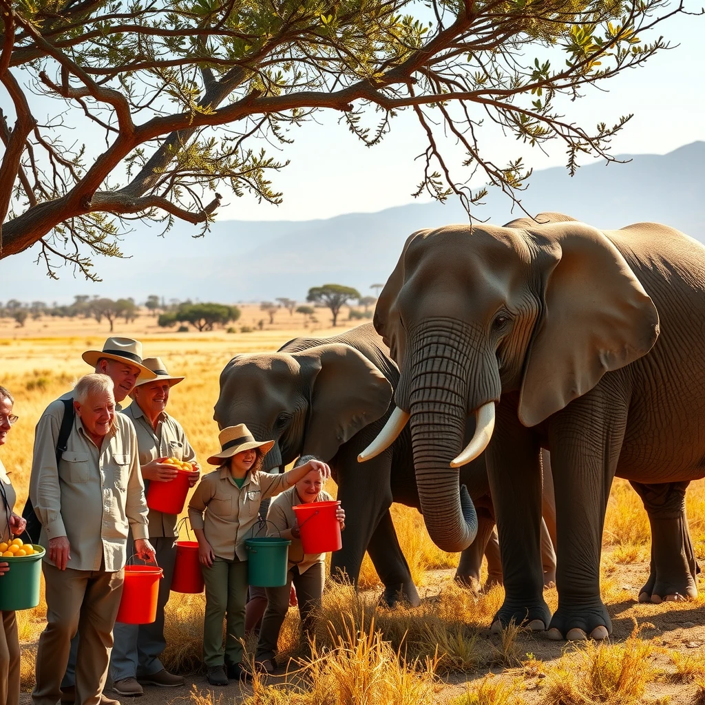 Volunteers feeding and caring for rescued elephants in Africa