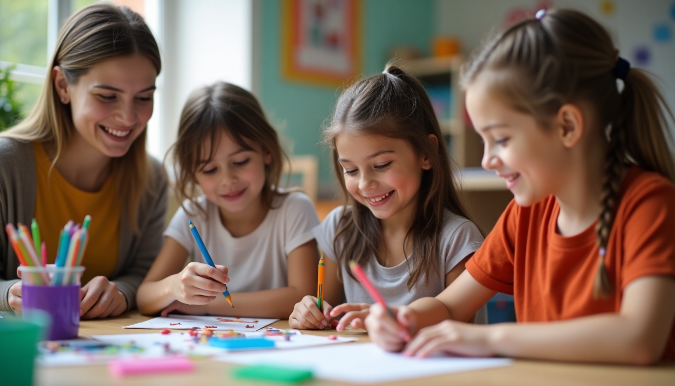 Volunteers tutoring kids in a community center, illustrating personal growth through service.